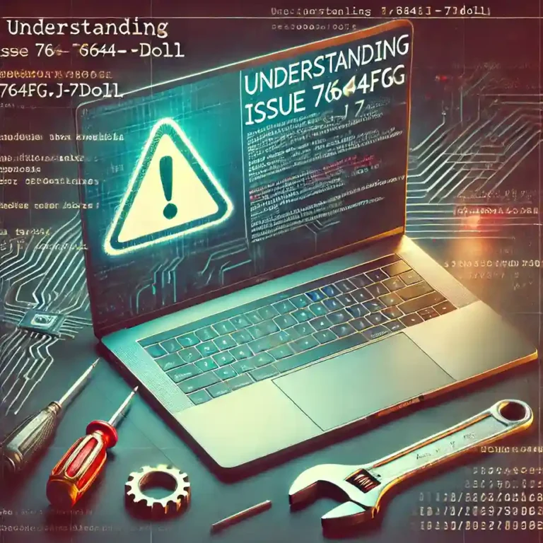 Feature image for a blog on issue 7644fg.j-7doll, showing a laptop with a warning symbol, software code, and tools like a wrench, symbolizing troubleshooting and technical resolution.