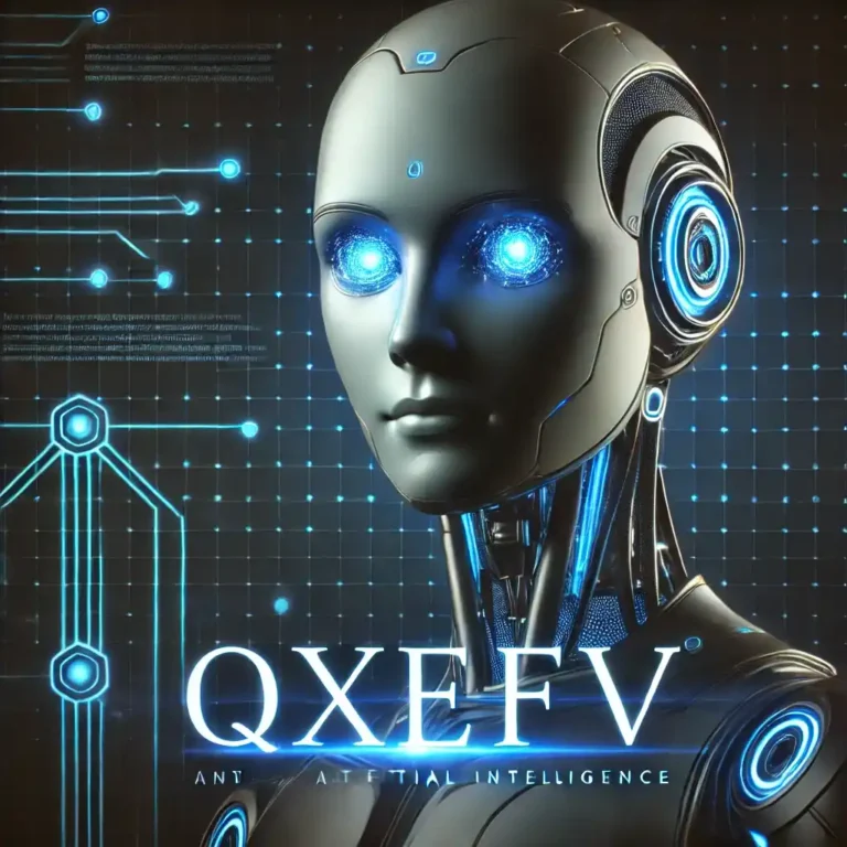 Futuristic humanoid robot with glowing blue eyes and the text QXEFV in bold, high-tech lettering