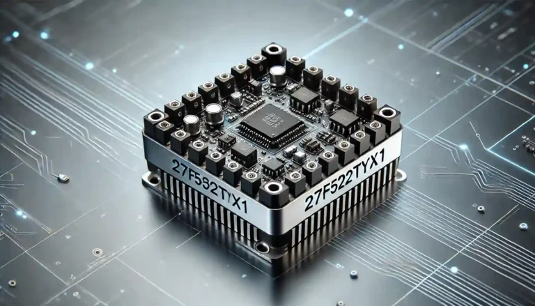 Electronic module 27f522tyx1 with black casing, silver accents, and visible circuit components on a tech-inspired gradient background.