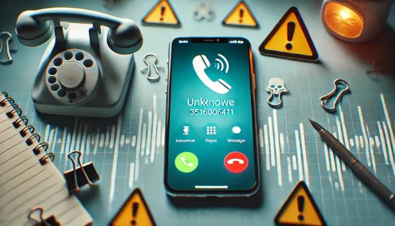 Smartphone showing unknown call from 3516006471 with caution symbols, representing potential phone scams and security risks.