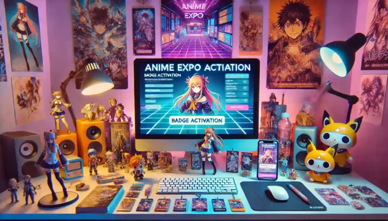 Anime Expo badge activation setup with a computer and smartphone displaying activation page, surrounded by anime-themed items like figurines and posters.