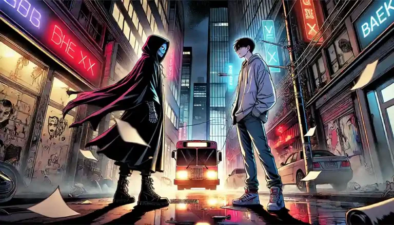 A dramatic webtoon scene with two characters facing off on a dimly lit urban street, illuminated by colorful neon lights. The protagonist stands determined, while the antagonist is cloaked in shadows, creating a tense atmosphere. Baek xx chapter 55