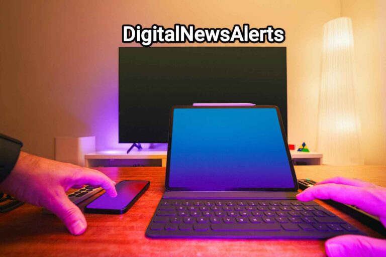 DigitalNewsAlerts displayed on tablet with smartphone nearby, highlighting personalized news alert setup on modern devices.