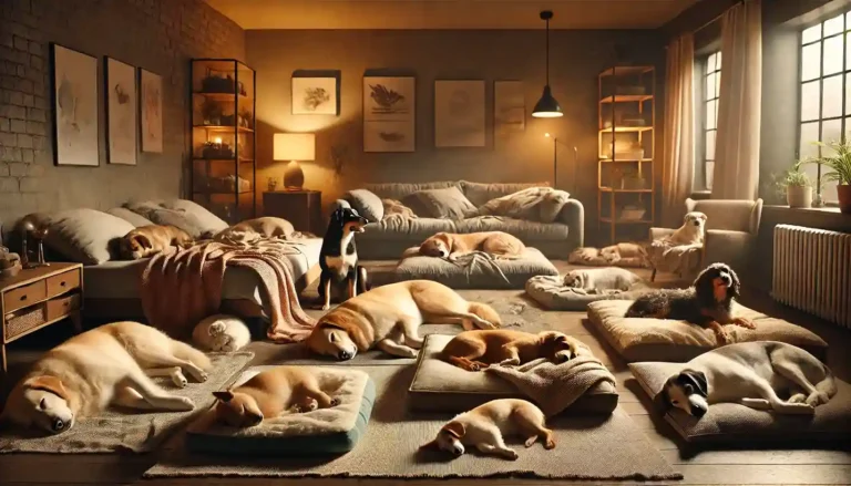 A cozy room with several dogs sleeping peacefully in various positions on soft beds and blankets, with warm lighting and gentle decor.