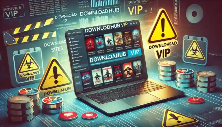 Laptop screen displaying Downloadhub VIP movie download interface with multiple thumbnails, caution symbol in background highlighting risks.