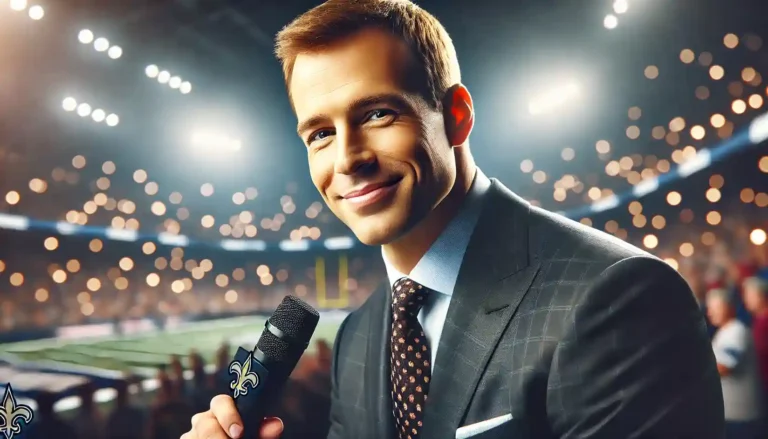 A well-dressed male sports commentator in a suit holding a microphone on a lit stadium stage. He is smiling warmly, with short, neat hair reminiscent of Drew Brees Makes His NBC Debut, Internet Amazed by His New Hair. The background features a lively scene with blurred lights creating a bokeh effect, indicating an engaged crowd and energetic atmosphere.