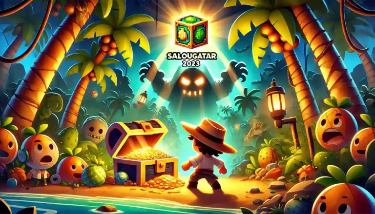 Player discovering Salougatar in Blox Fruits 2023 on a tropical island with glowing treasure and adventure.