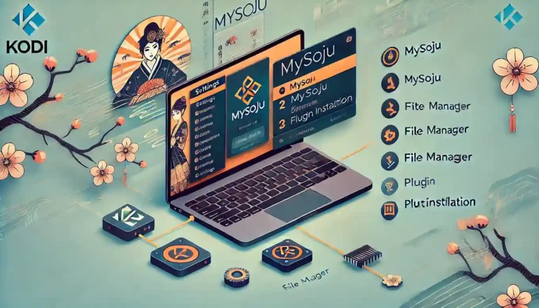 Instructional image showing steps to install the MySoju plugin on Kodi, featuring a laptop screen with the Kodi interface and setup icons.