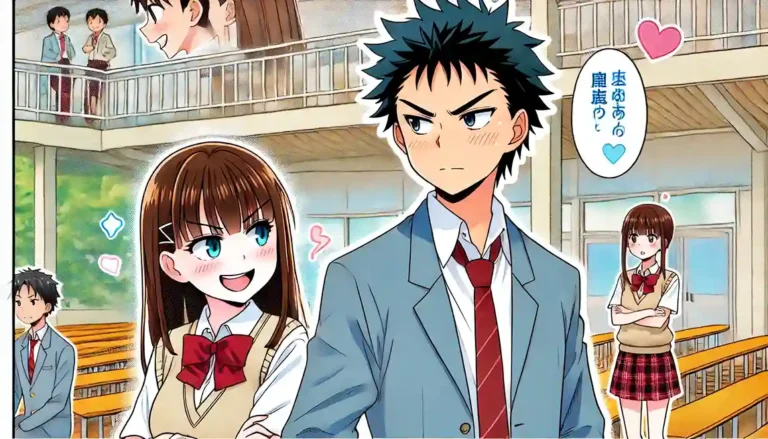 Two anime-style characters, a boy and a girl, stand in a school setting from Komik Aishiteru Game wo Owarasetai*. The girl has a playful, mischievous smile, while the boy looks determined yet slightly blushing, highlighting their rivalry and budding affection. The background features a bright, typical Japanese high school scene, creating a light-hearted, romantic comedy atmosphere.