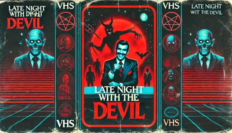 Vintage-style VHS cover art for Late Night with the Devil, featuring a sinister talk show host with eerie red and blue lighting.