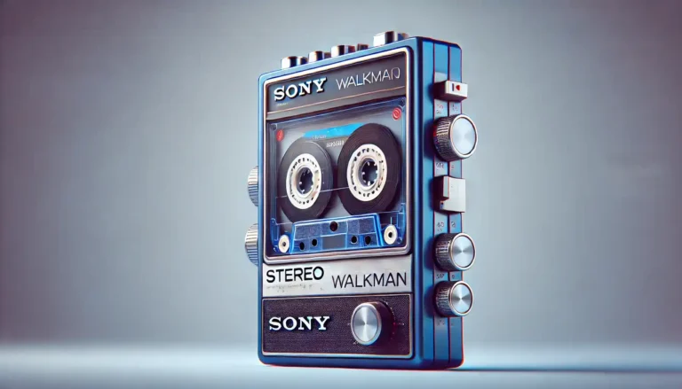 Retro Sony Stereo Walkman with visible cassette and side control knobs, showcasing a classic blue design.