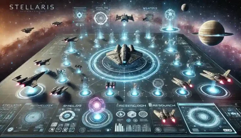 A futuristic space scene with holographic tech displays, spaceships, and a starry galaxy background, representing advanced technology in Stellaris gameplay.