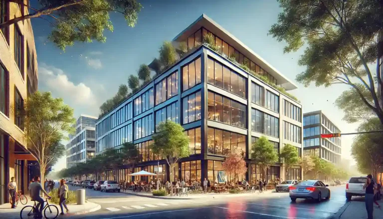 The image of a modern commercial real estate building in East Austin, capturing the area's vibrant, urban setting and creative vibe.