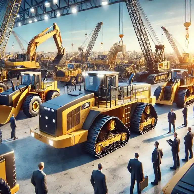 An outdoor heavy equipment auction scene showcasing the best 4 heavy equipment auction results in 2023 on SwissJava.id, featuring powerful bulldozers, excavators, cranes, and dump trucks with bidders observing.