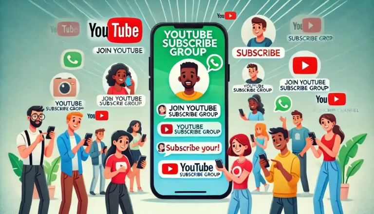 Smartphone screen showing a WhatsApp group chat for YouTube subscribers with icons and people engaging.