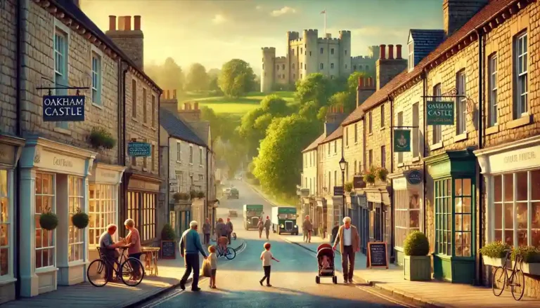 Charming small-town street with old stone buildings, Oakham Castle in the background, locals enjoying a peaceful afternoon with cafes, children playing, and vibrant trees.